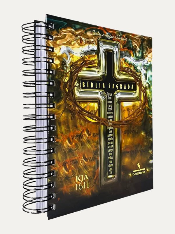 Bíblia King James I KJA I Anote I Espiral Textos e Mapas Coloridos I Cruz