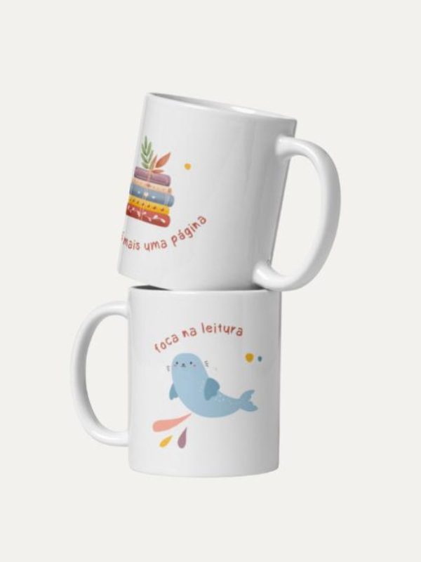 Foca na Leitura I Caneca de Ceramica Branca I Média 12oz