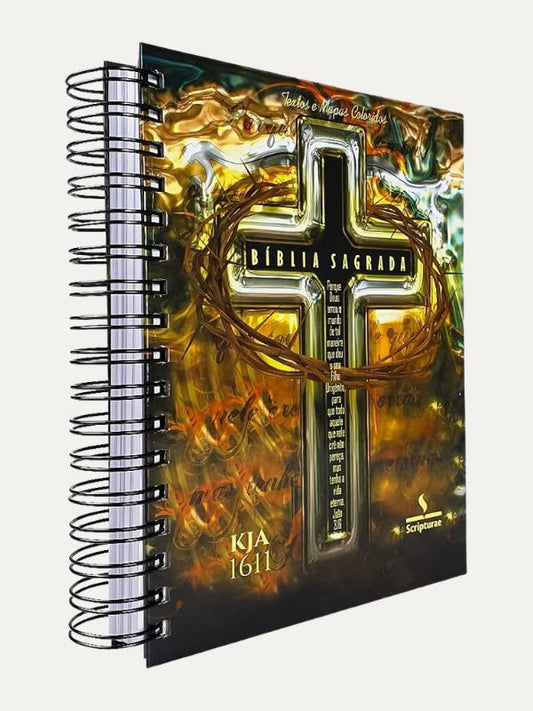 Bíblia King James I KJA I Anote I Espiral Textos e Mapas Coloridos I Cruz