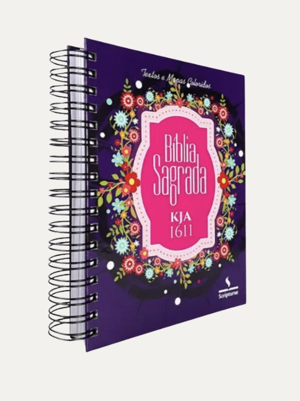 Bíblia King James I KJA I Anote I Espiral Textos e Mapas Coloridos I Roxo Flores