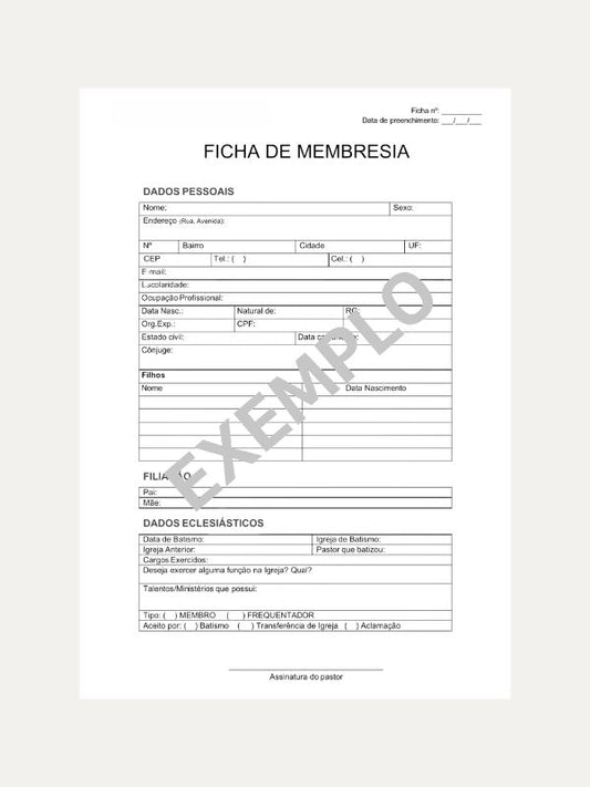 Ficha de Membresia de Igreja I Tamanho Carta I Pacote com 50 unidades